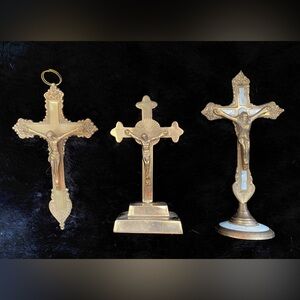 Vintage Brass Altar Cross Crucifix Church Jesus Christ Ornate Set Of 3